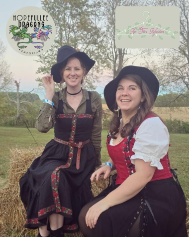 A photograph from Hope and Sarah in witch hats at a fall festival.  Both the Hopefullee Dragons Emporium and Ren Faire Refashions logos are at the top of the photo