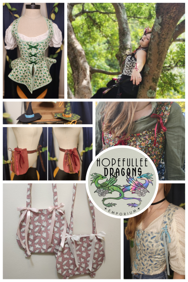 Photo collage of Hopefullee Dragons Emporium Wares including bodices and other accessories, as well as the logo featuring two dragons