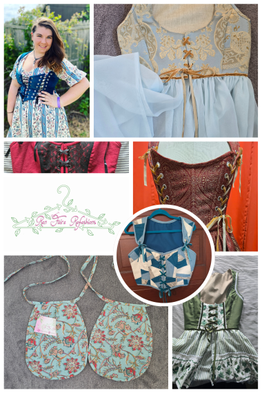 Photo collage of Ren Faire Refashions Wares including bodices, overdresses and accessories, as well as the logo featuring a hanger made of green arrows with leaves growing out of it.