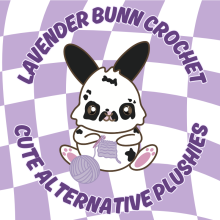 A black and white rabbit holding a crochet hook and purple yarn on a light and dark purple checkered background. The text above reads 'Lavender Bunn Crochet'. The below text reads 'Alternative Crochet Plushies'.