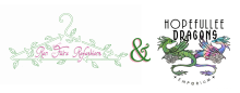 Combined logo for Ren Faire Refashions and Hopefullee Dragons Emporium. Ren Faire Refashions Logo is a shaped like a hanger made of green arrows with leaves growing out of;  Hopefullee Dragons Emporium's logo has two dragons, one green and one pink/ blue 
