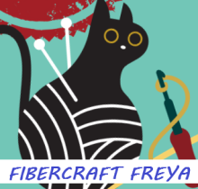 A banner featuring the company name Fibercraft Freya and several cute illustrations of black cats and yarn balls