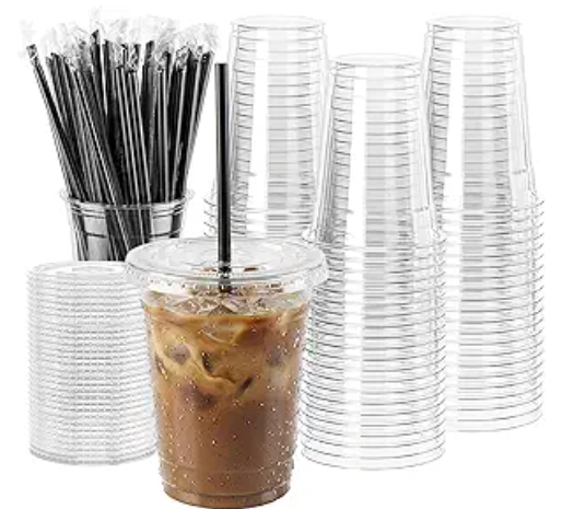 12oz Clear Drink Cups with Lids and Straws